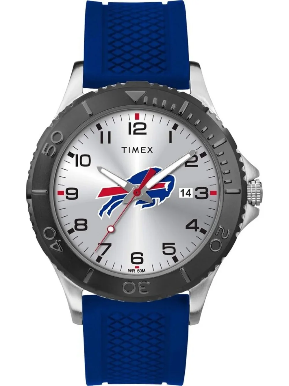 Mens Silver Blue Rubber Band Analog NFL Gamer Buffalo Bills Luminant Round Watch